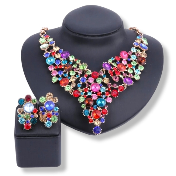 18K gold plated multi color rainbow crystal Necklace earrings set - Picture 14 of 15